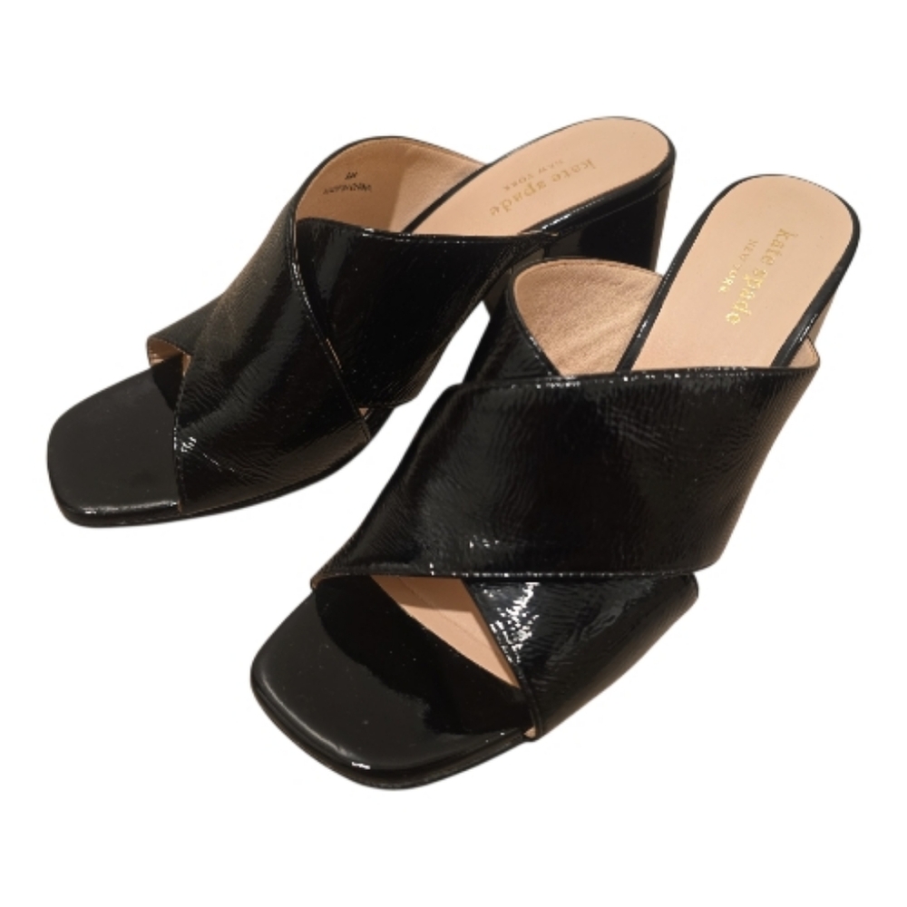 Kate Spade Venus Black Patent Crinkle Sandals Mules Heels Size 9